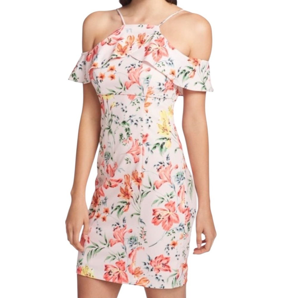 GUESS Cold Shoulder Form Fitting Floral Mini Dress Size 2 🌸🩷💛💚